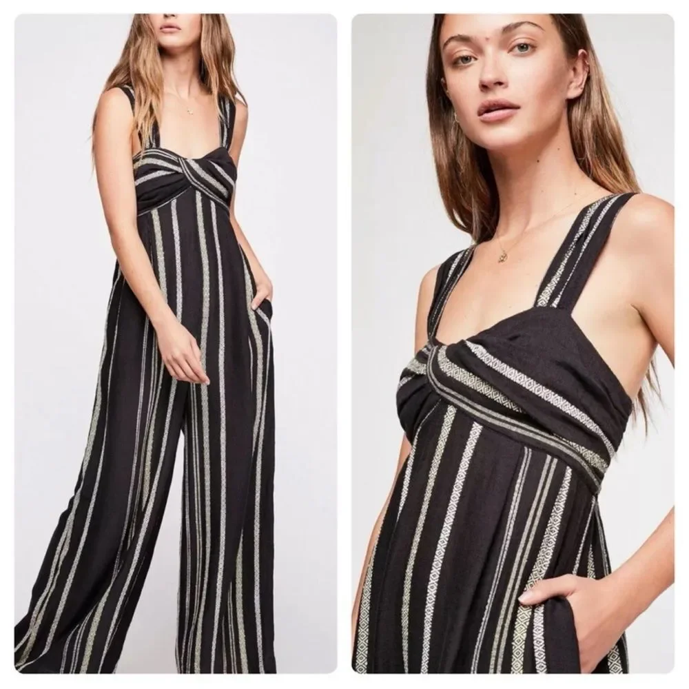 Free People Breezin Through Striped Jumpsuit Wide Leg Jumpsuit M15